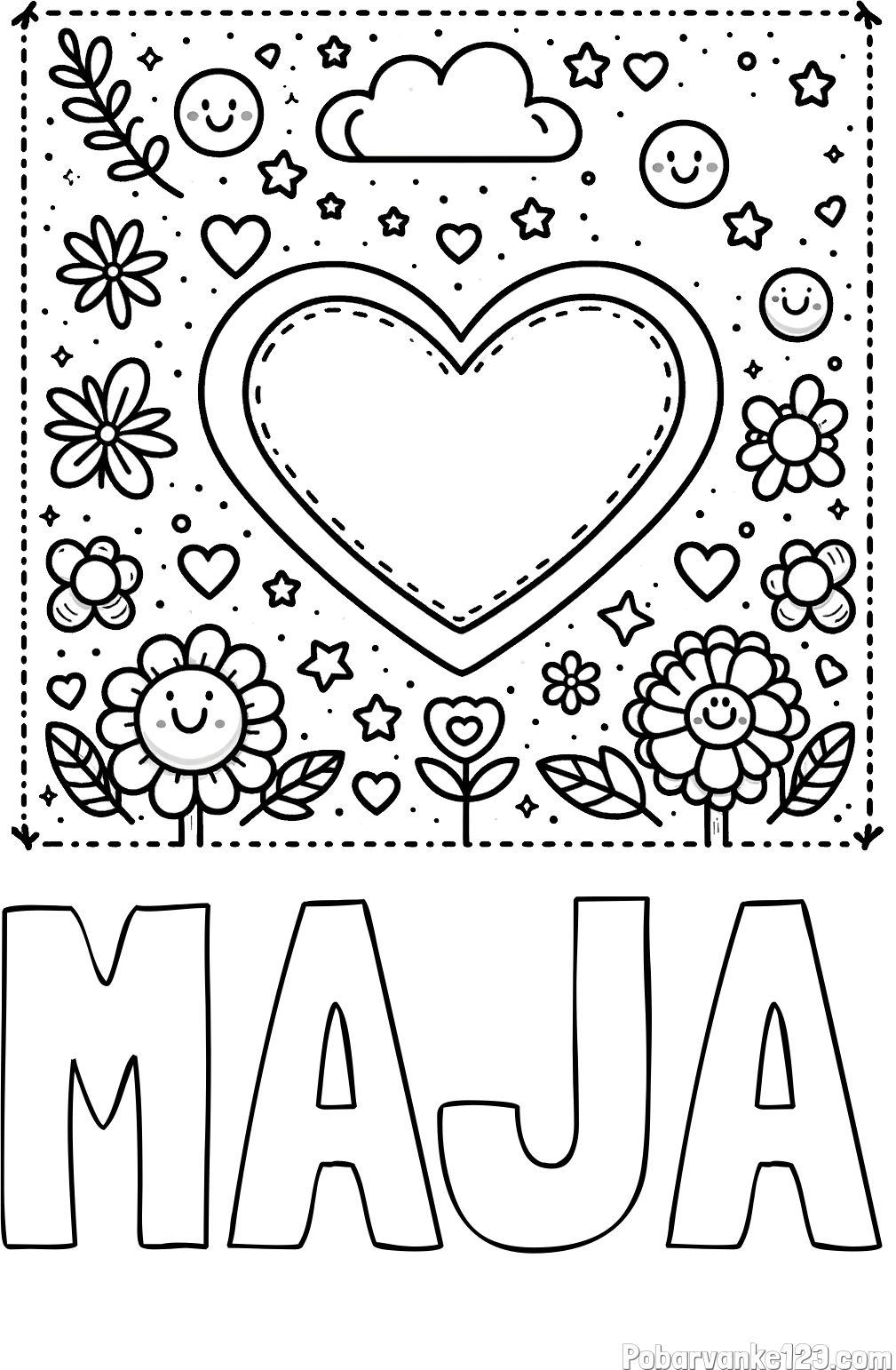 Pobarvanka imena MAJA in pobarvanka srčka ter rožic