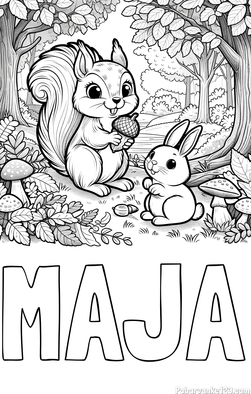 Pobarvanka imena MAJA in pobarvanka veveričke in zajčka v gozdu