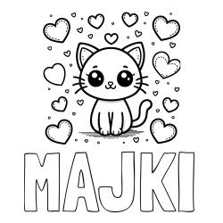 Online izdelana pobarvanka - Pobarvanka imena MAJKI in pobarvanka ljubke mucke obdane z veliko srčki