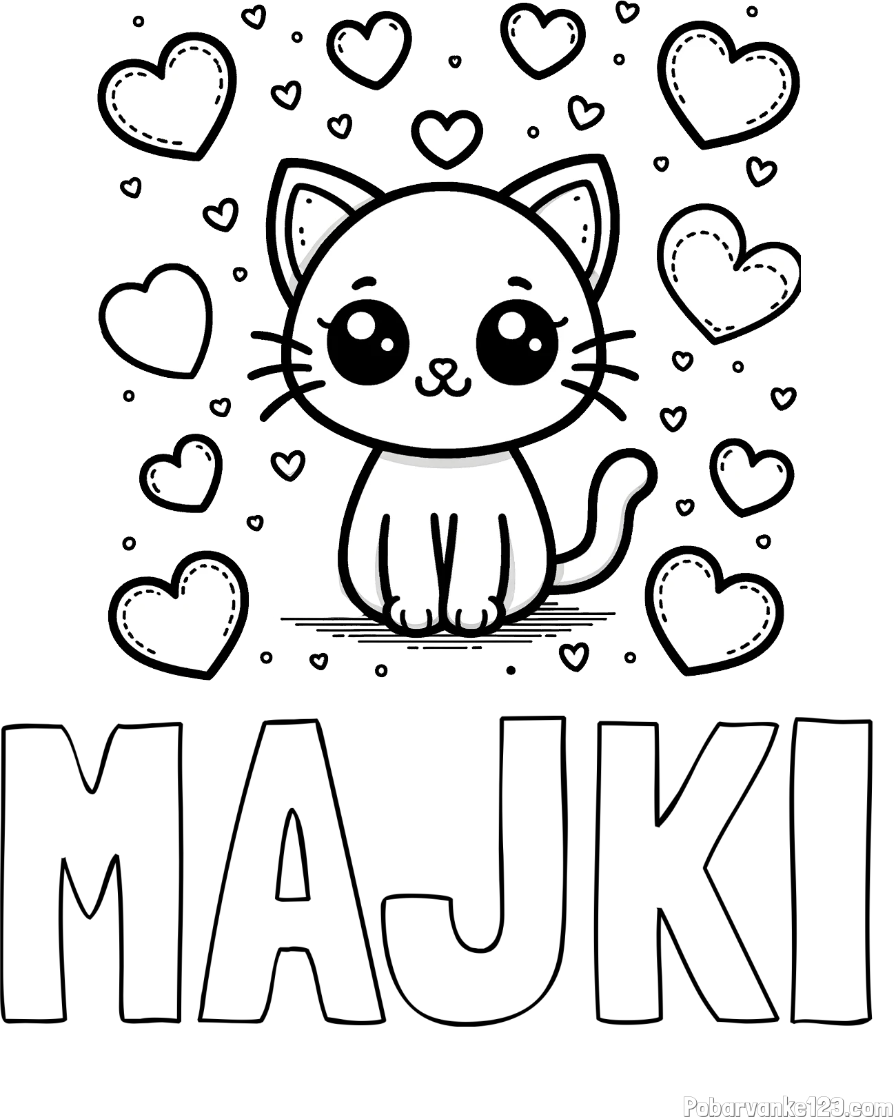 Pobarvanka imena MAJKI in pobarvanka ljubke mucke obdane z veliko srčki