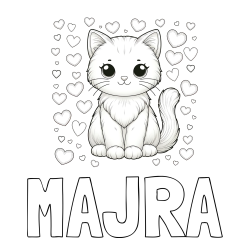 Online izdelana pobarvanka - Pobarvanka imena MAJRA in pobarvanka ljubke mucke obdane s srčki