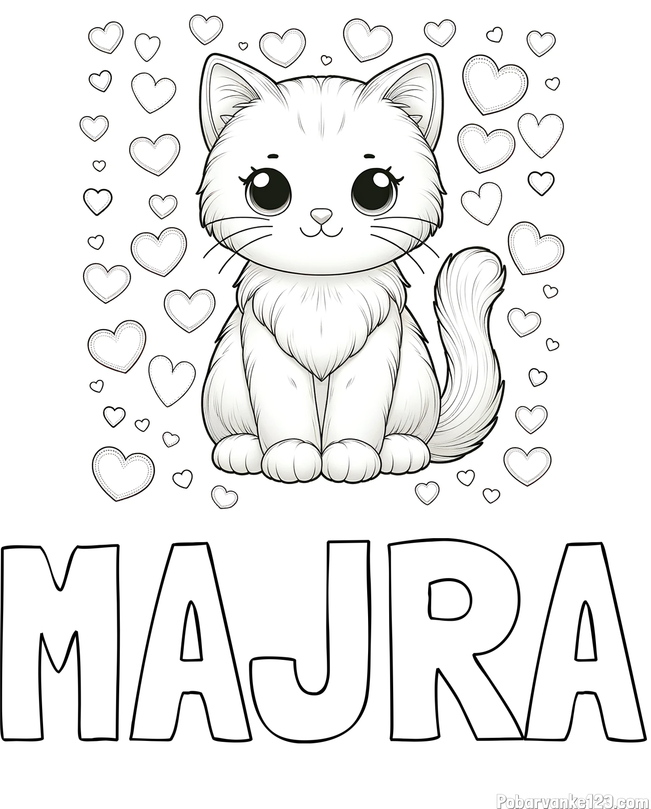 Pobarvanka imena MAJRA in pobarvanka ljubke mucke obdane s srčki