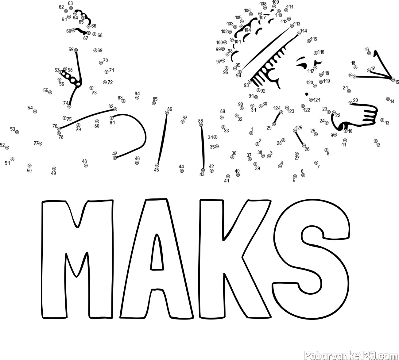 Pobarvanka imena MAKS in pobarvanka deklice - poveži številke od pike do pike