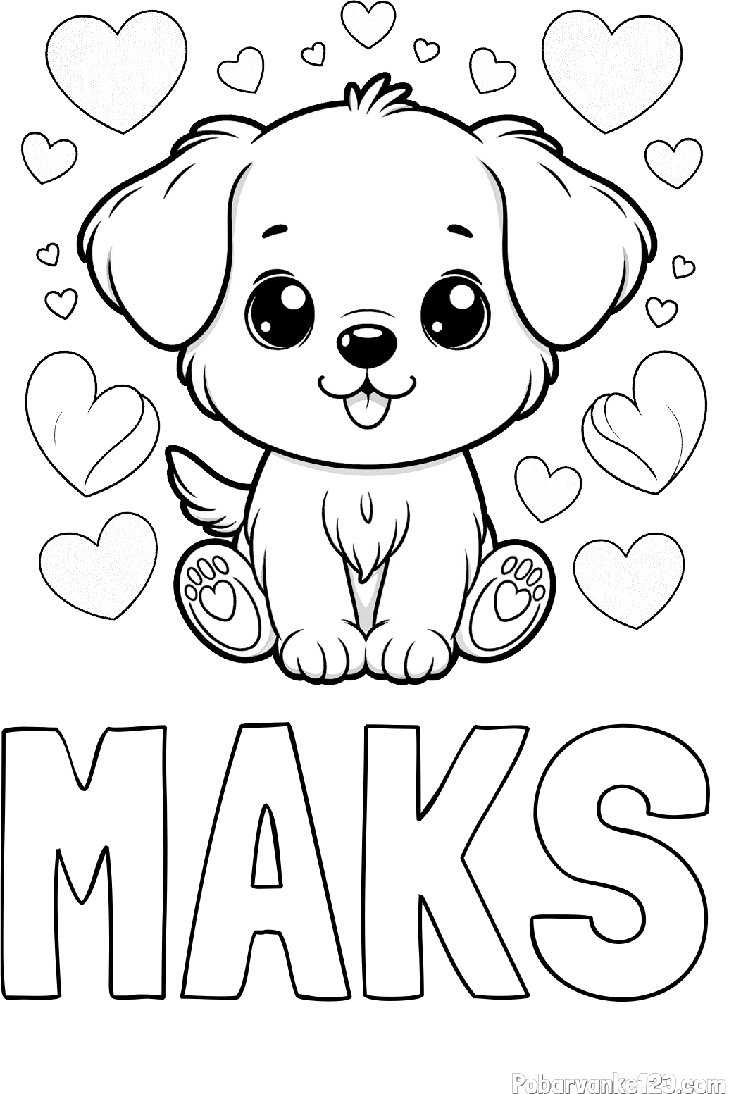 Pobarvanka imena MAKS in pobarvanka ljubkega kužka obdanega s srčki