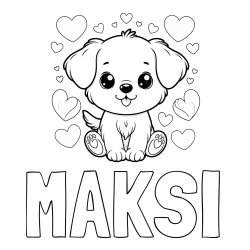 Online izdelana pobarvanka - Pobarvanka imena MAKSI in pobarvanka ljubkega kužka obdanega s srčki