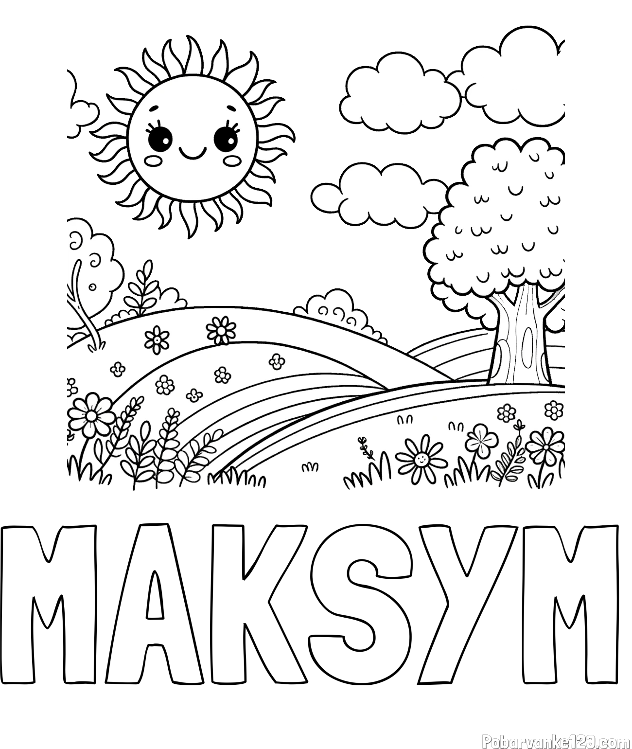 Pobarvanka imena MAKSYM in otroška pobarvanka narave