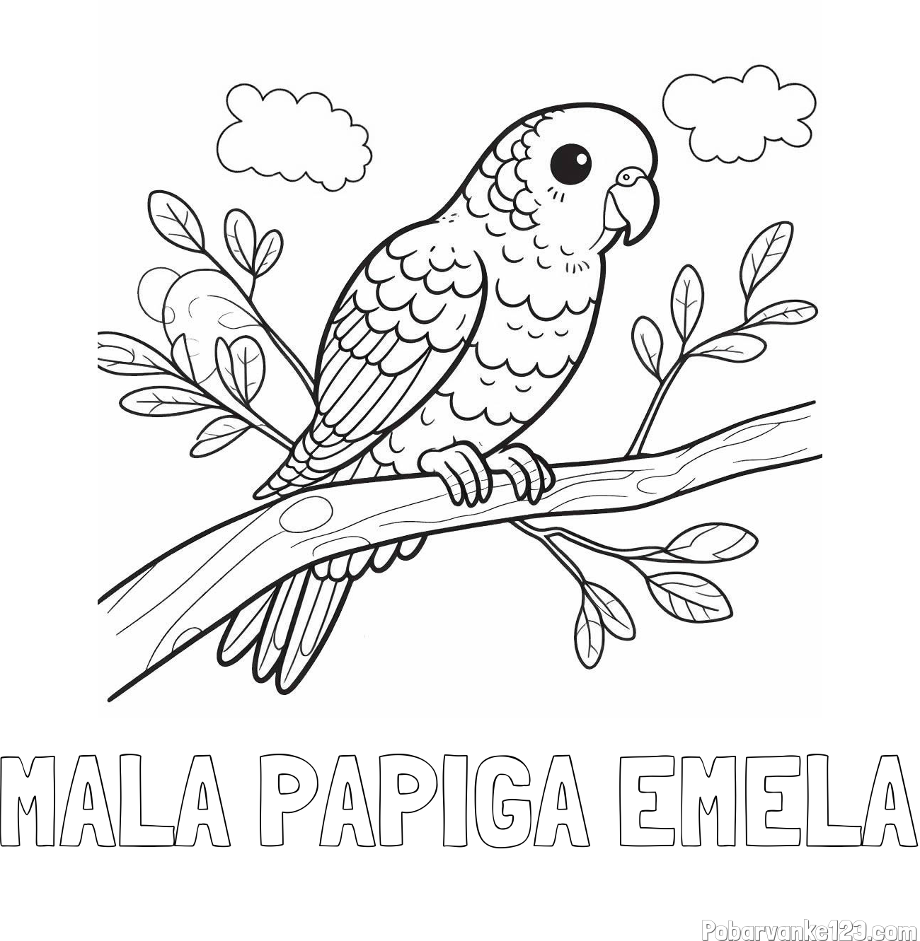 Pobarvanka imena MALA PAPIGA EMELA in pobarvanka ljubkega kanarčka na veji