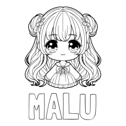 Online izdelana pobarvanka - Pobarvanka imena MALU in pobarvanka prikupne punčke v anime slogu