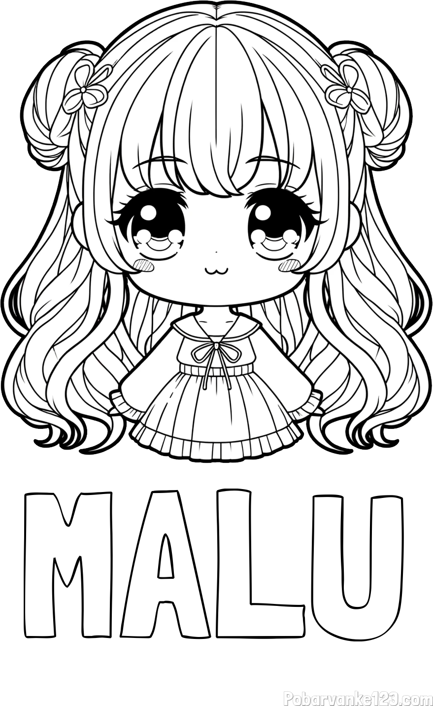 Pobarvanka imena MALU in pobarvanka prikupne punčke v anime slogu