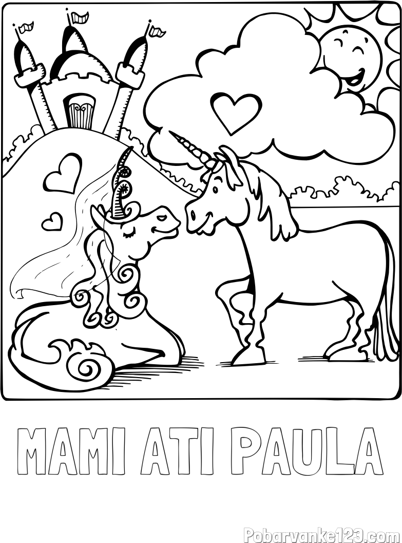 Pobarvanka imena MAMI ATI PAULA in pobarvanka zaljubljenih samorogov
