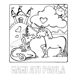 Online izdelana pobarvanka - Pobarvanka imena MAMI ATI PAULA in pobarvanka zaljubljenih samorogov