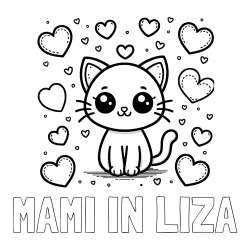 Online izdelana pobarvanka - Pobarvanka imena MAMI IN LIZA in pobarvanka ljubke mucke obdane z veliko srčki