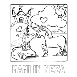 Online izdelana pobarvanka - Pobarvanka imena MAMI IN NEŽA in pobarvanka zaljubljenih samorogov