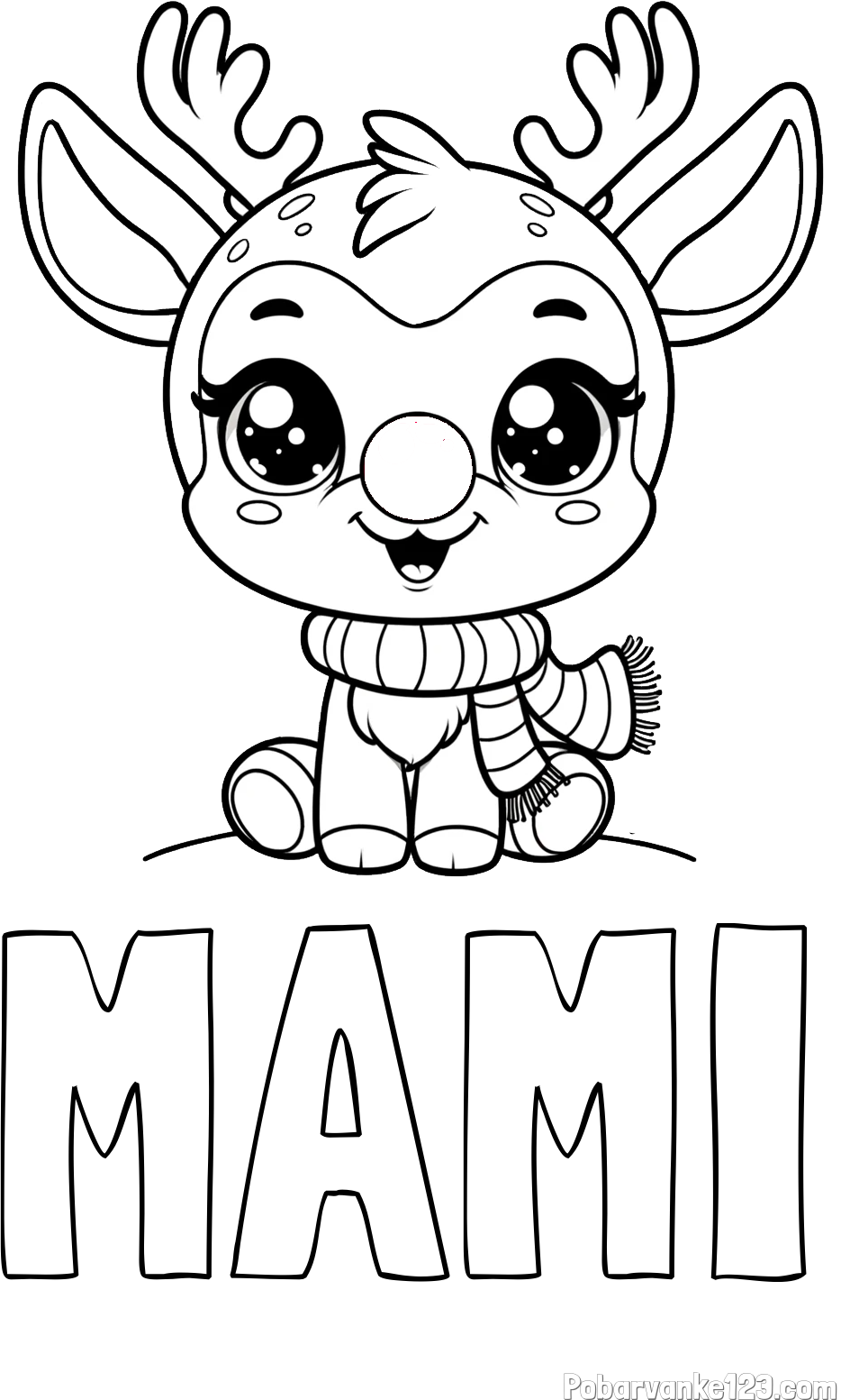 Pobarvanka imena MAMI in otroška pobarvanka jelenčka Rudolfa s šalom okoli vratu