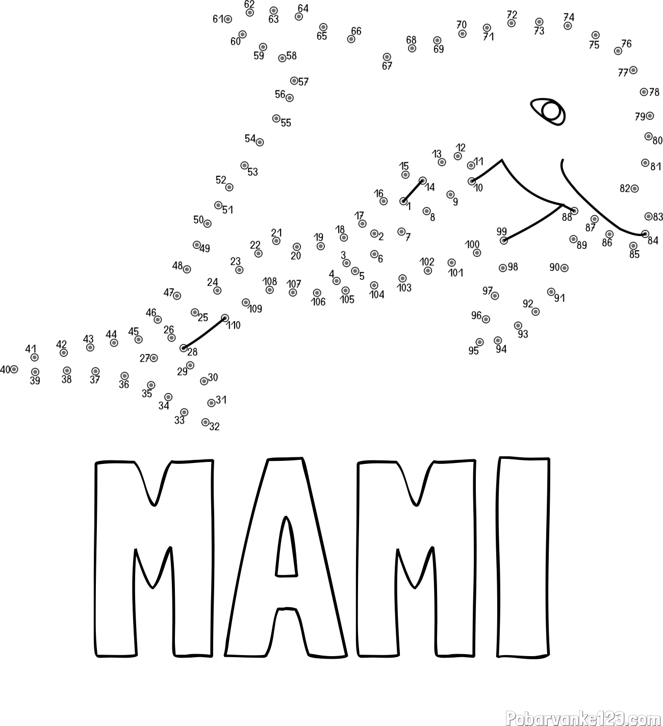 Pobarvanka imena MAMI in pobarvanka delfina - poveži številke