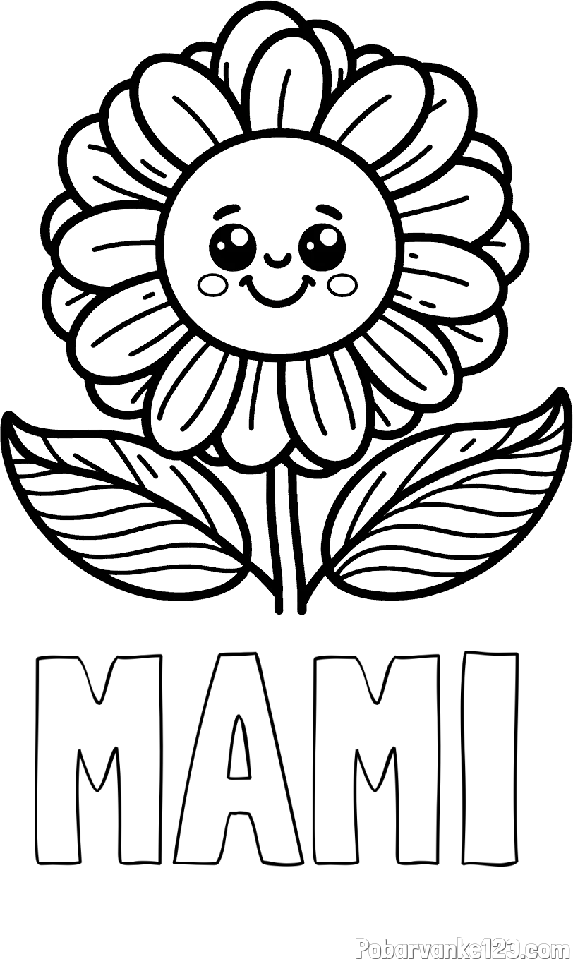 Pobarvanka imena MAMI in pobarvanka ljubke in nasmejane rože