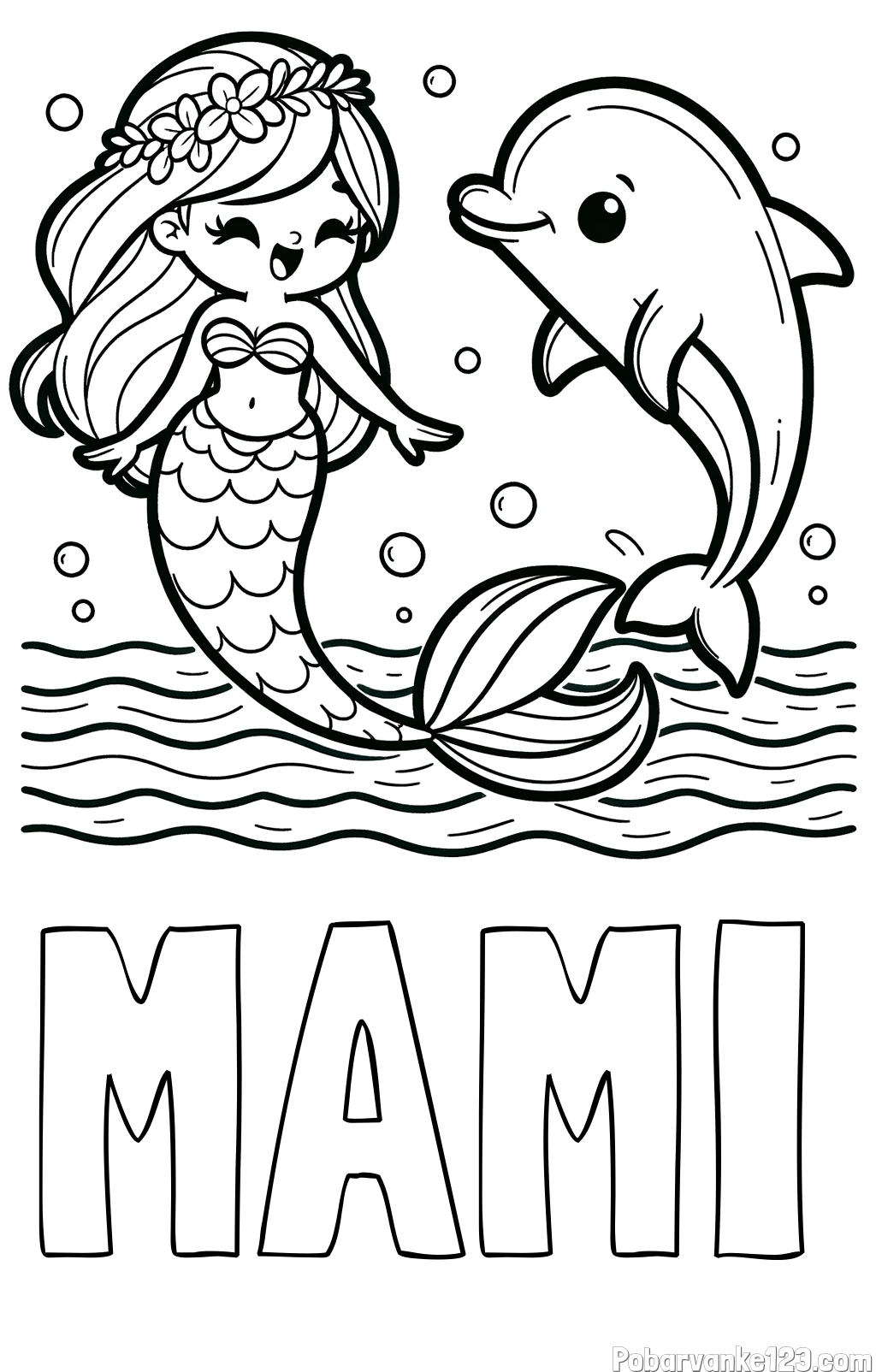 Pobarvanka imena MAMI in pobarvanka ljubke morske deklice, ki pleše z delfinom