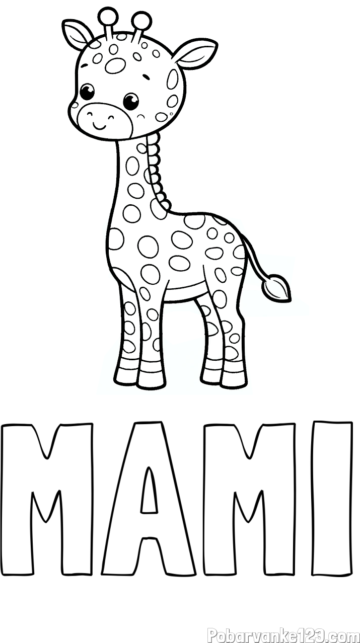 Pobarvanka imena MAMI in pobarvanka ljubke žirafe