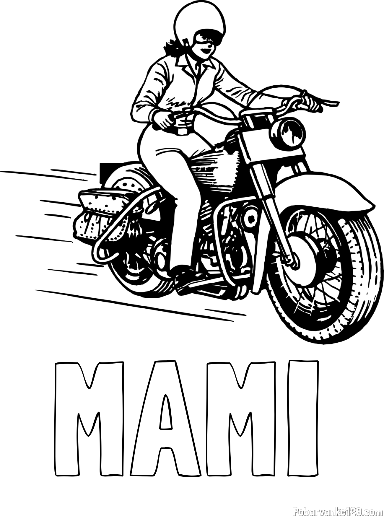 Pobarvanka imena MAMI in pobarvanka motorja ter motoristke