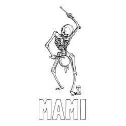 Online izdelana pobarvanka - Pobarvanka imena MAMI in pobarvanka okostnjaka, ki igra na boben