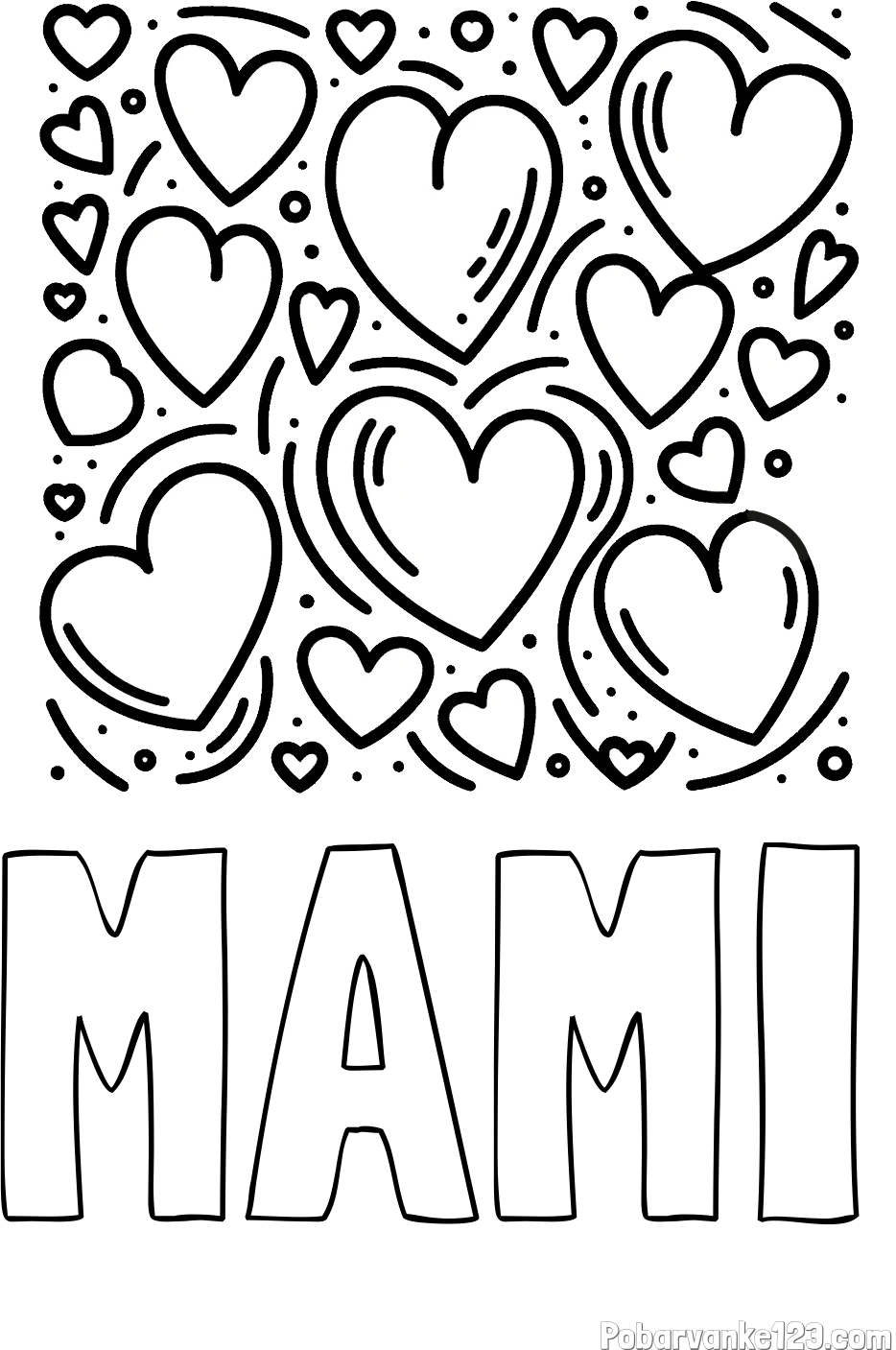 Pobarvanka imena MAMI in pobarvanka s srčki
