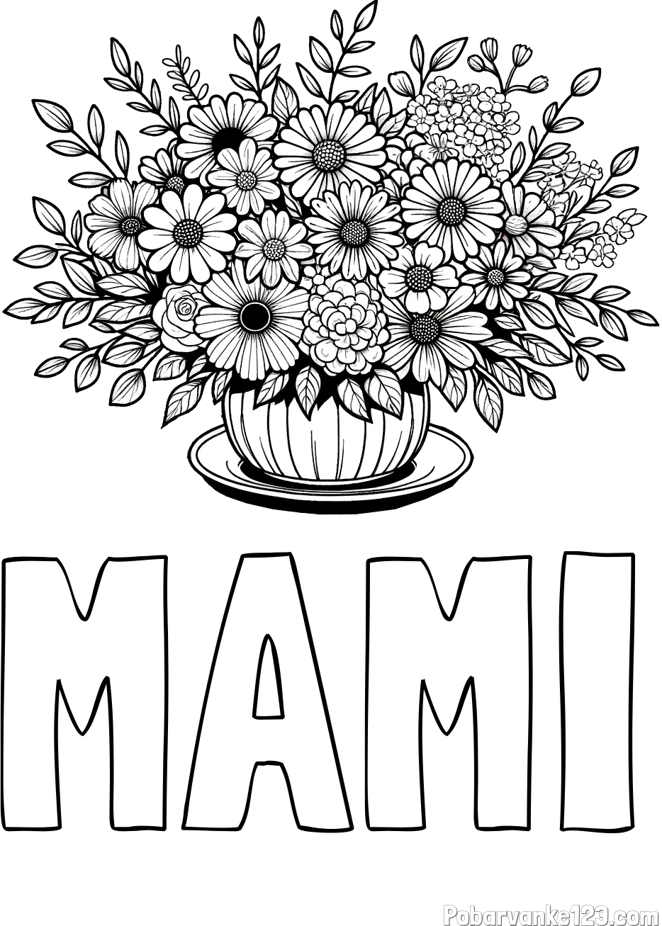 Pobarvanka imena MAMI in pobarvanka velikega šopka rož