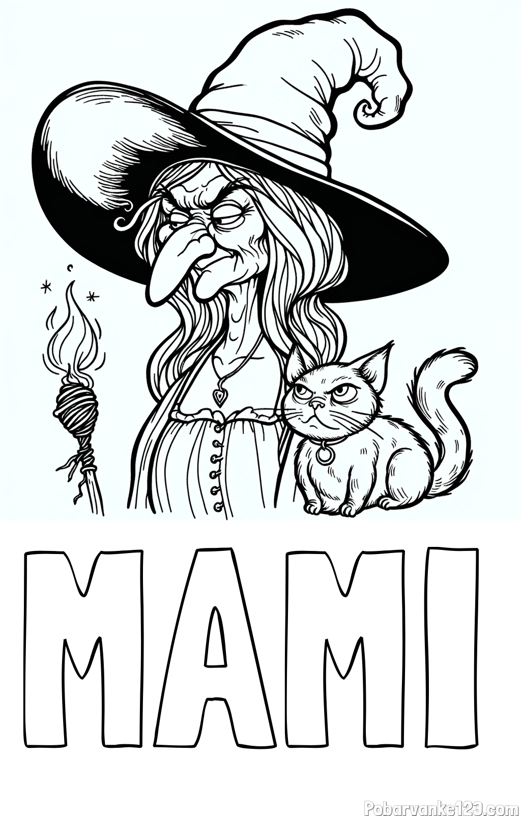 Pobarvanka imena MAMI in pobarvanka zlobne stare čarovnice in mačke
