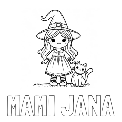 Online izdelana pobarvanka - Pobarvanka imena MAMI JANA in Čudovita pobarvanka ljubke čarovnice in nasmejane mačke