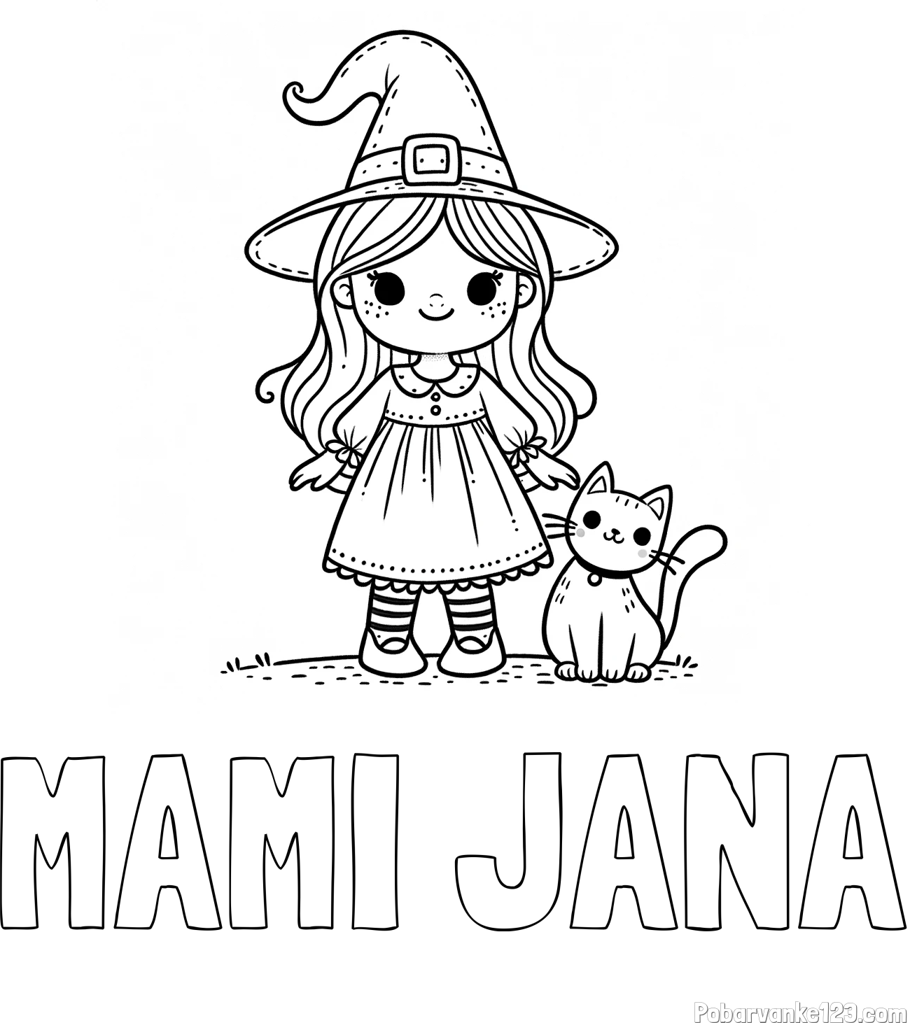 Pobarvanka imena MAMI JANA in Čudovita pobarvanka ljubke čarovnice in nasmejane mačke