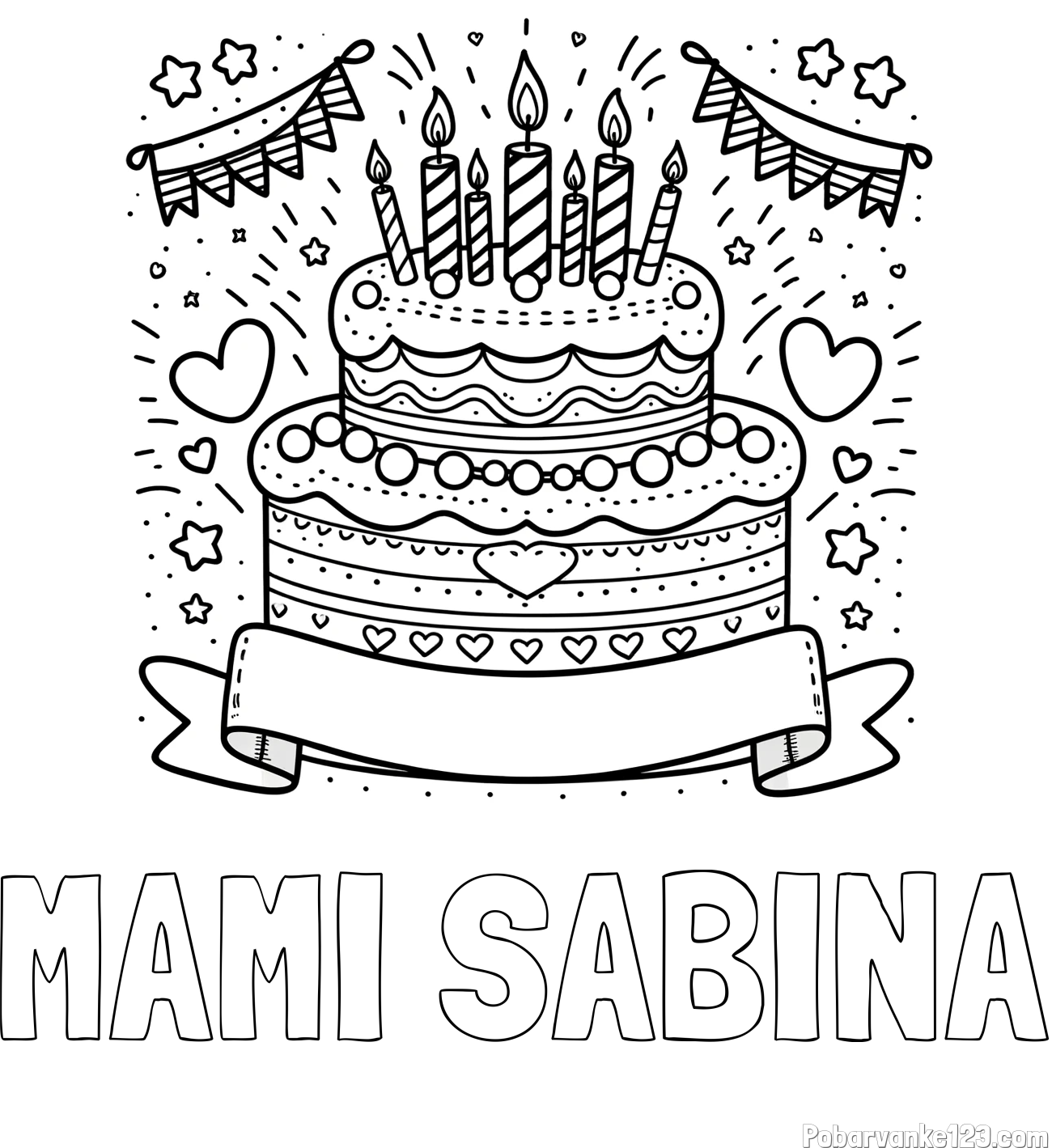Pobarvanka imena MAMI SABINA in pobarvanka velike torte za rojstni dan