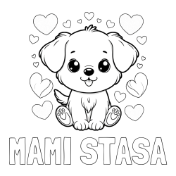 Online izdelana pobarvanka - Pobarvanka imena MAMI STASA in pobarvanka ljubkega kužka obdanega s srčki