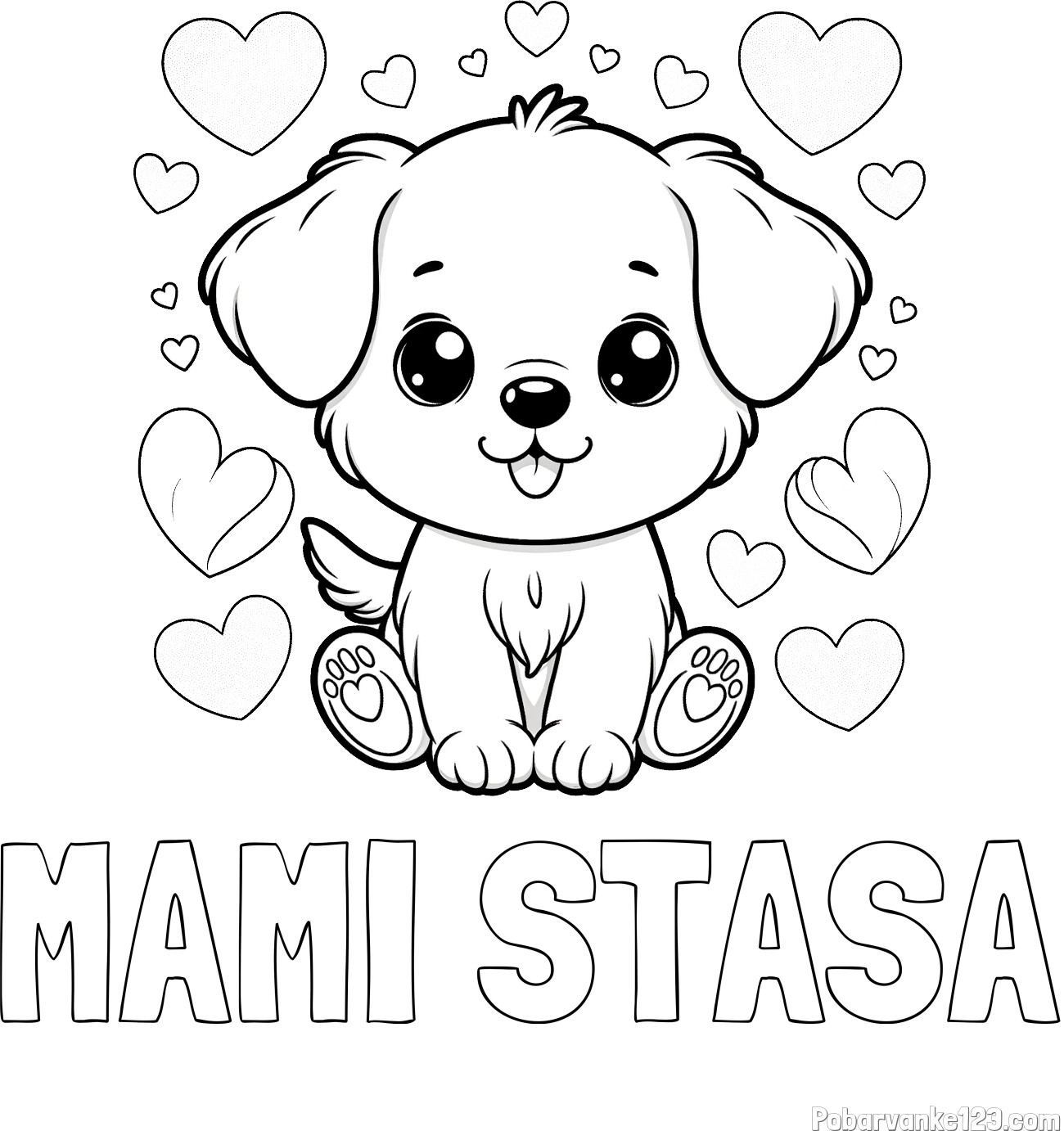 Pobarvanka imena MAMI STASA in pobarvanka ljubkega kužka obdanega s srčki