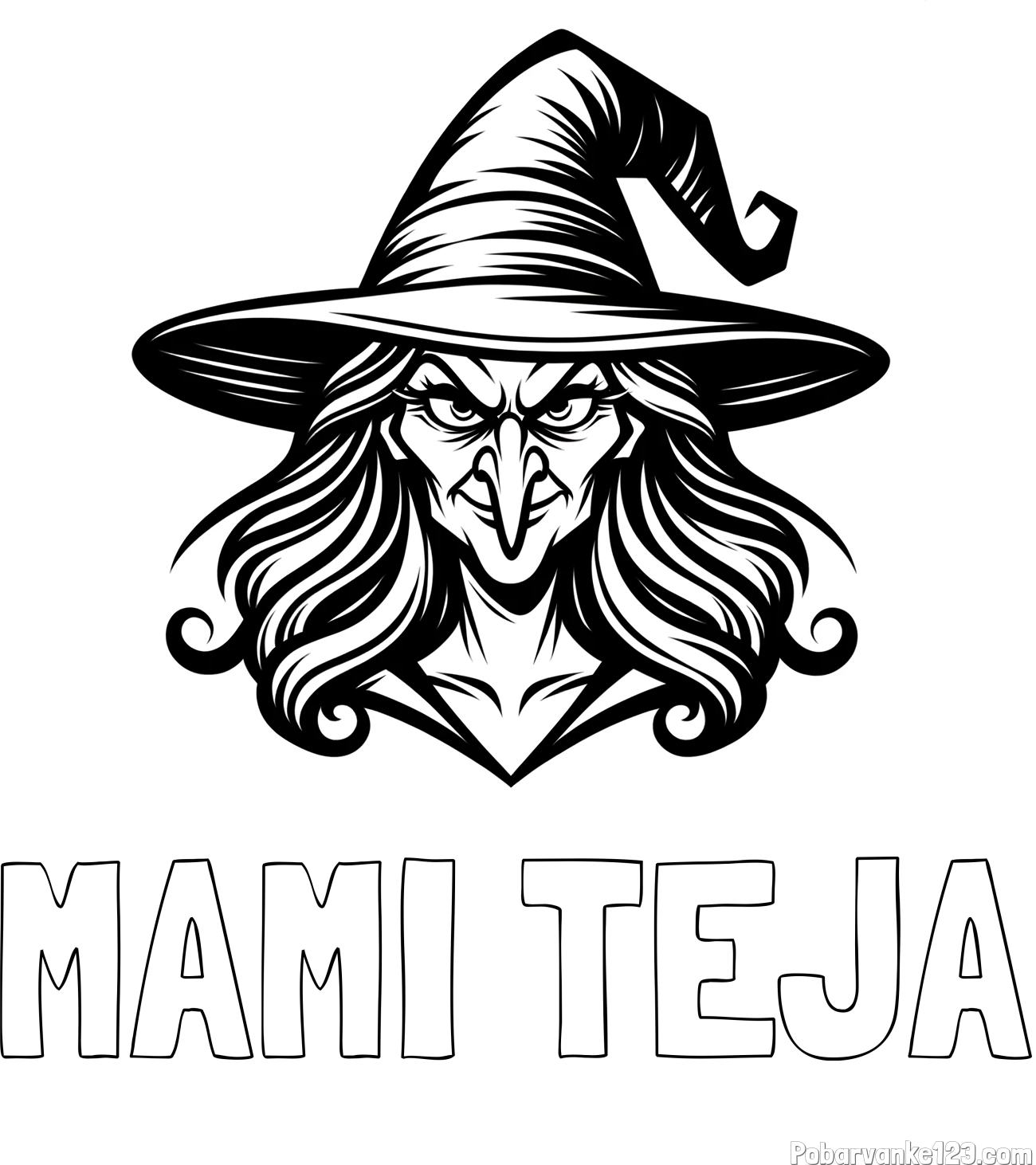 Pobarvanka imena MAMI TEJA in pobarvanka zlobne čarovnice s kljukastim nosom