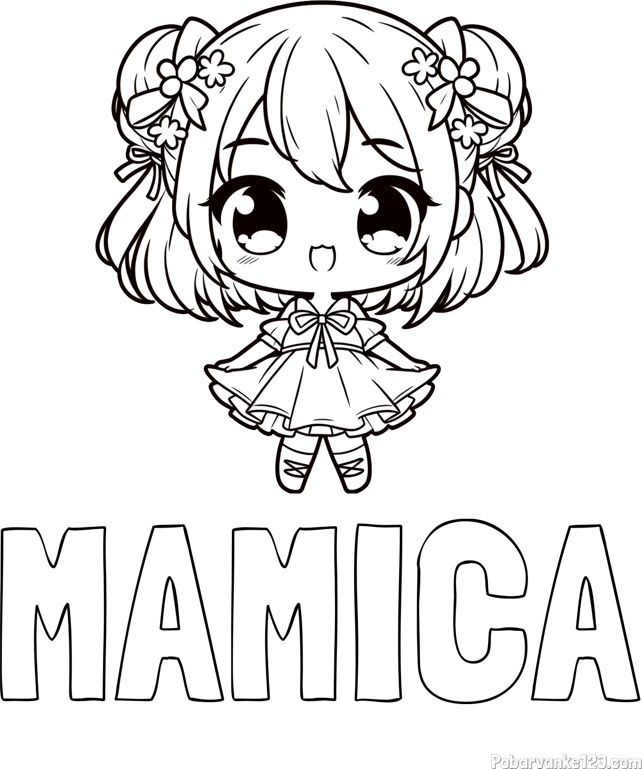 Pobarvanka imena MAMICA in otroška pobarvanka punčke v japonskem anime slogu