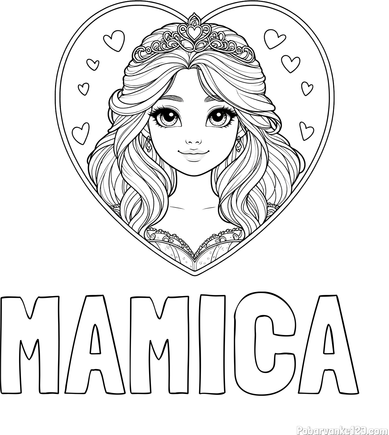 Pobarvanka imena MAMICA  in pobarvanka princeske ter srčkov