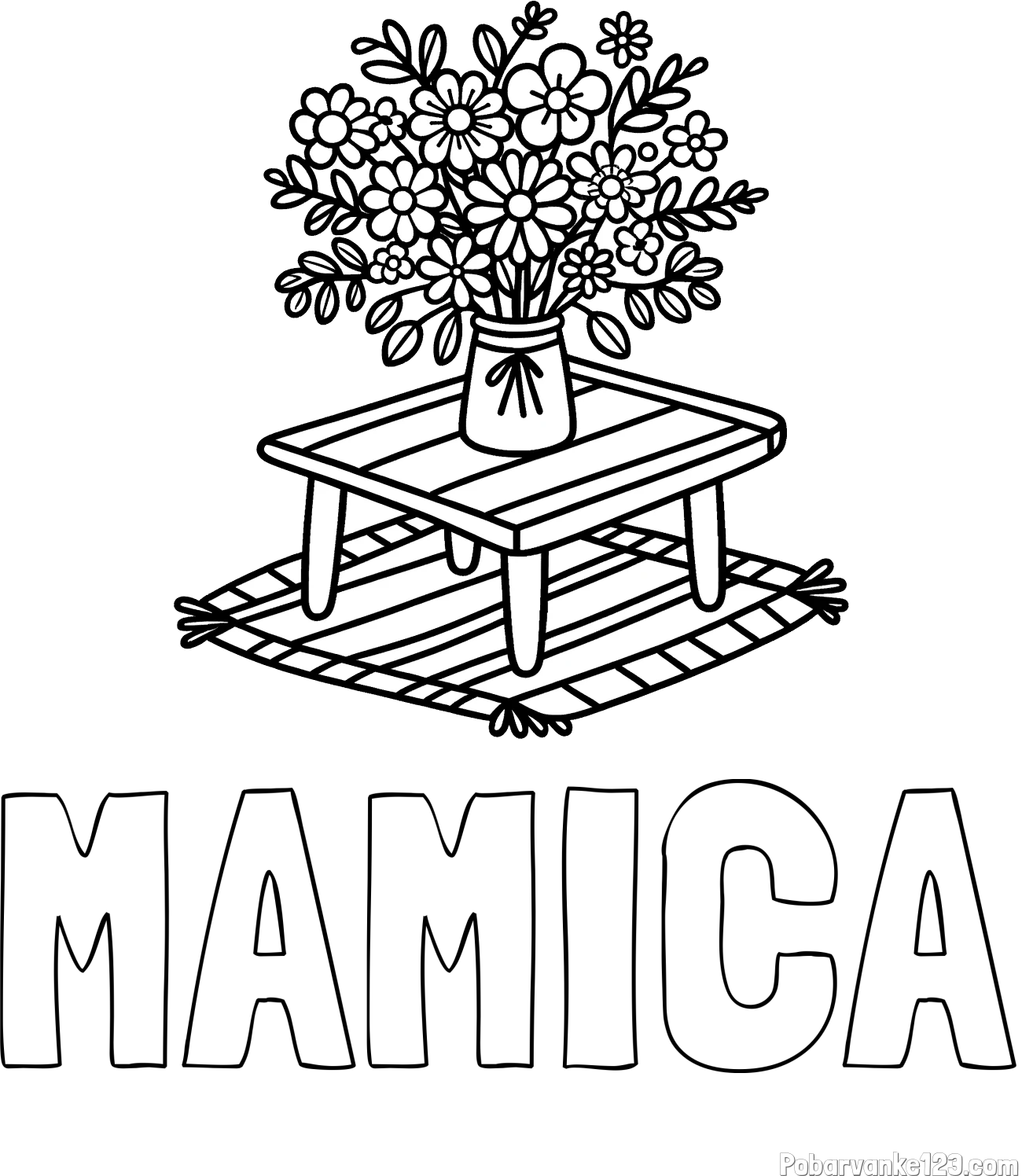 Pobarvanka imena MAMICA in pobarvanka šopka rož na mizi