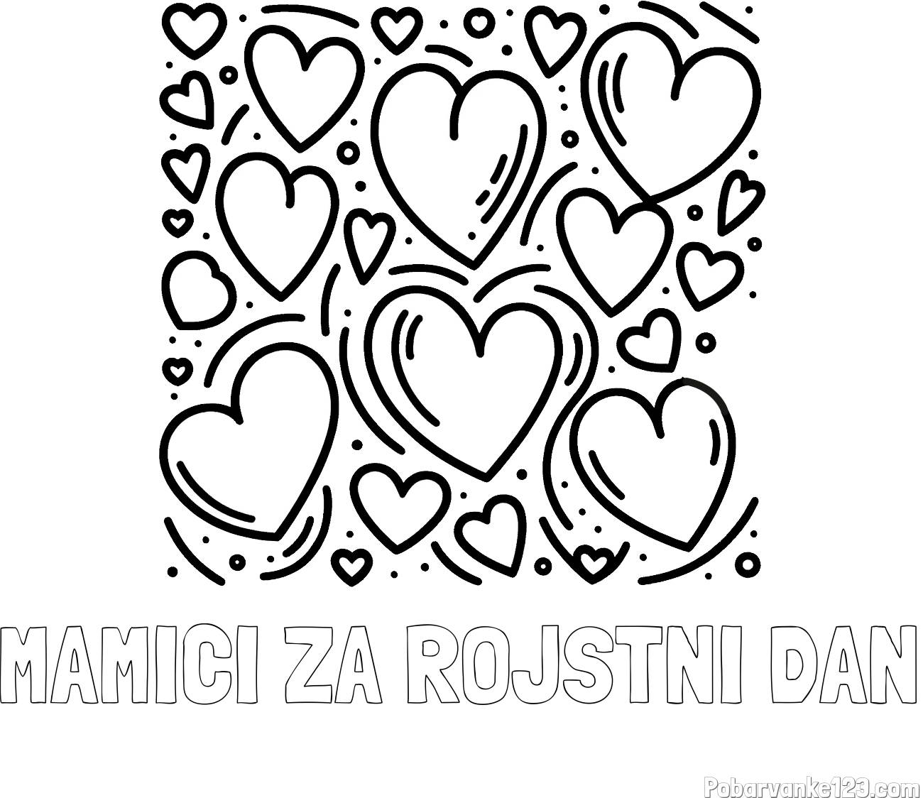 Pobarvanka imena MAMICI ZA ROJSTNI DAN in pobarvanka s srčki
