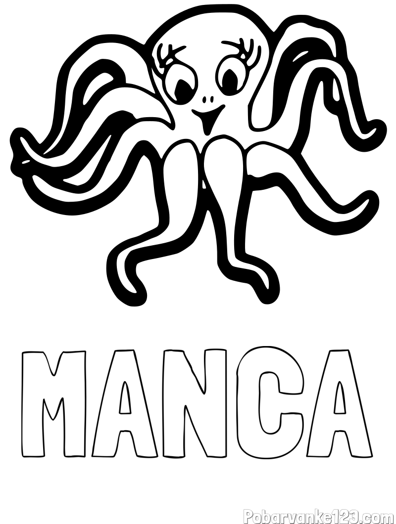 Pobarvanka imena MANCA in otroška pobarvanka nasmejane hobotnice