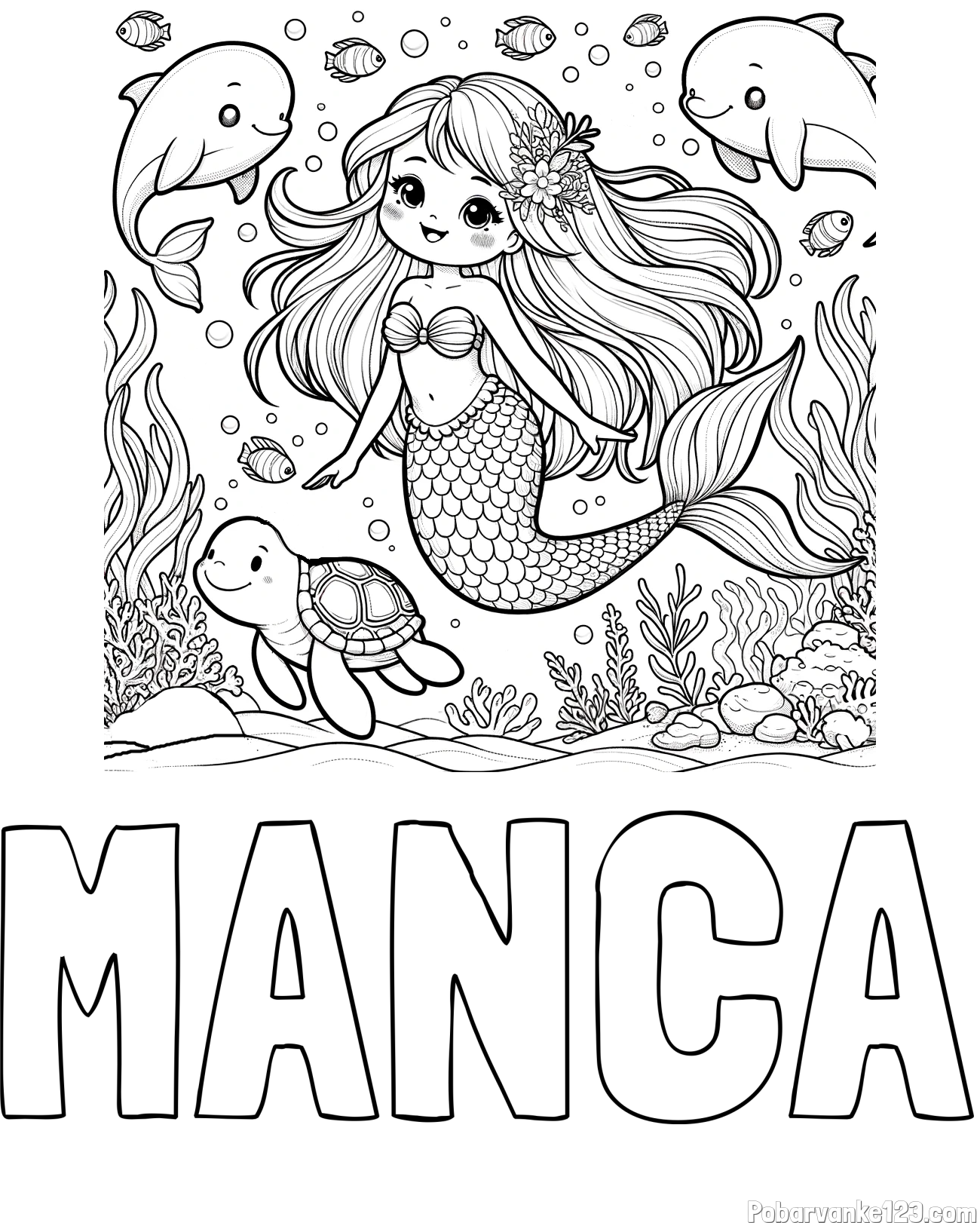 Pobarvanka imena MANCA in pobarvana ljubke morske deklice s prijatelji