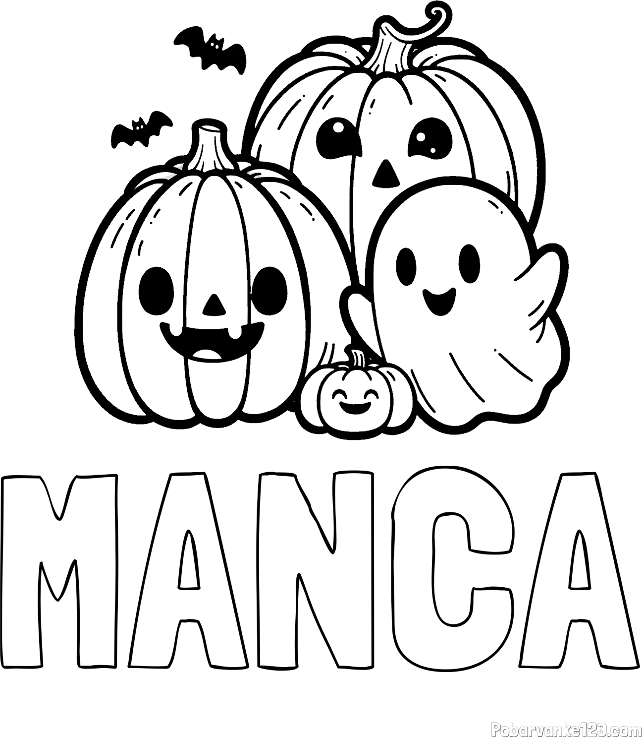 Pobarvanka imena MANCA in pobarvanka duhca in buč za noč čarovnic