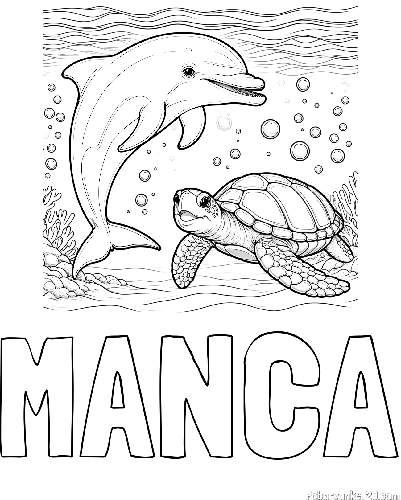 Pobarvanka imena MANCA in pobarvanka ljubkega delfina in njegove prijateljice želve
