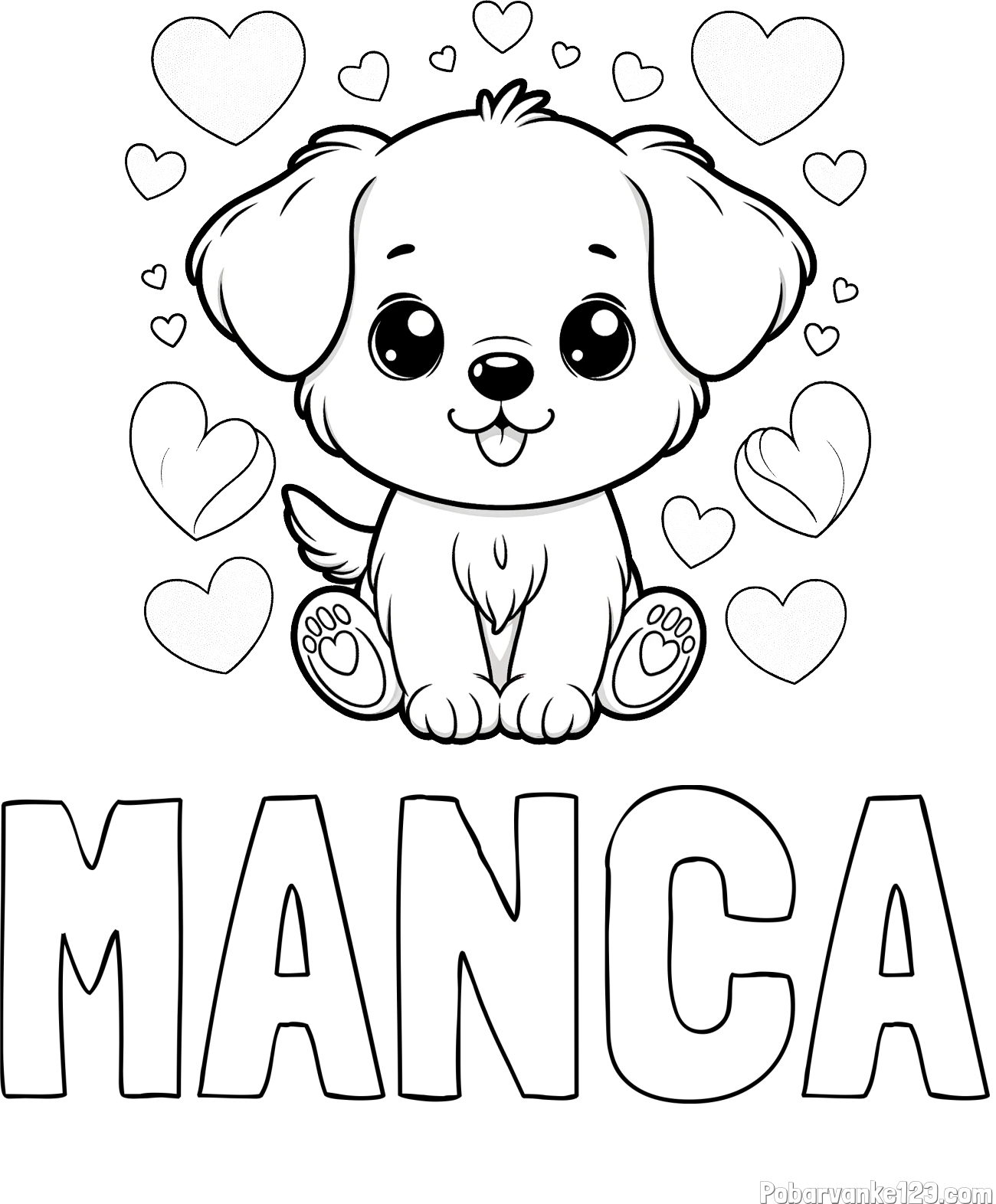 Pobarvanka imena MANCA in pobarvanka ljubkega kužka obdanega s srčki