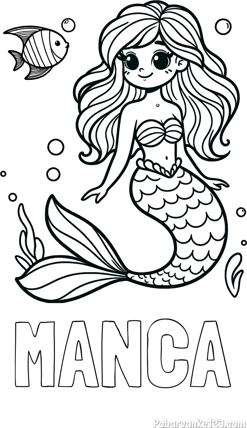 Pobarvanka imena MANCA in pobarvanka male morske deklice in ribice