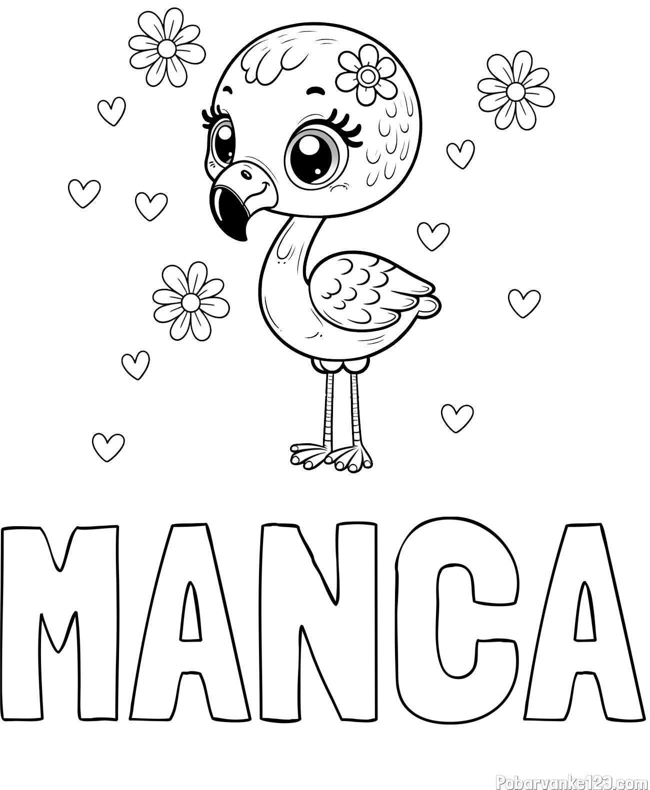 Pobarvanka imena MANCA in pobarvanka mladička flaminga z rožicami in srčki