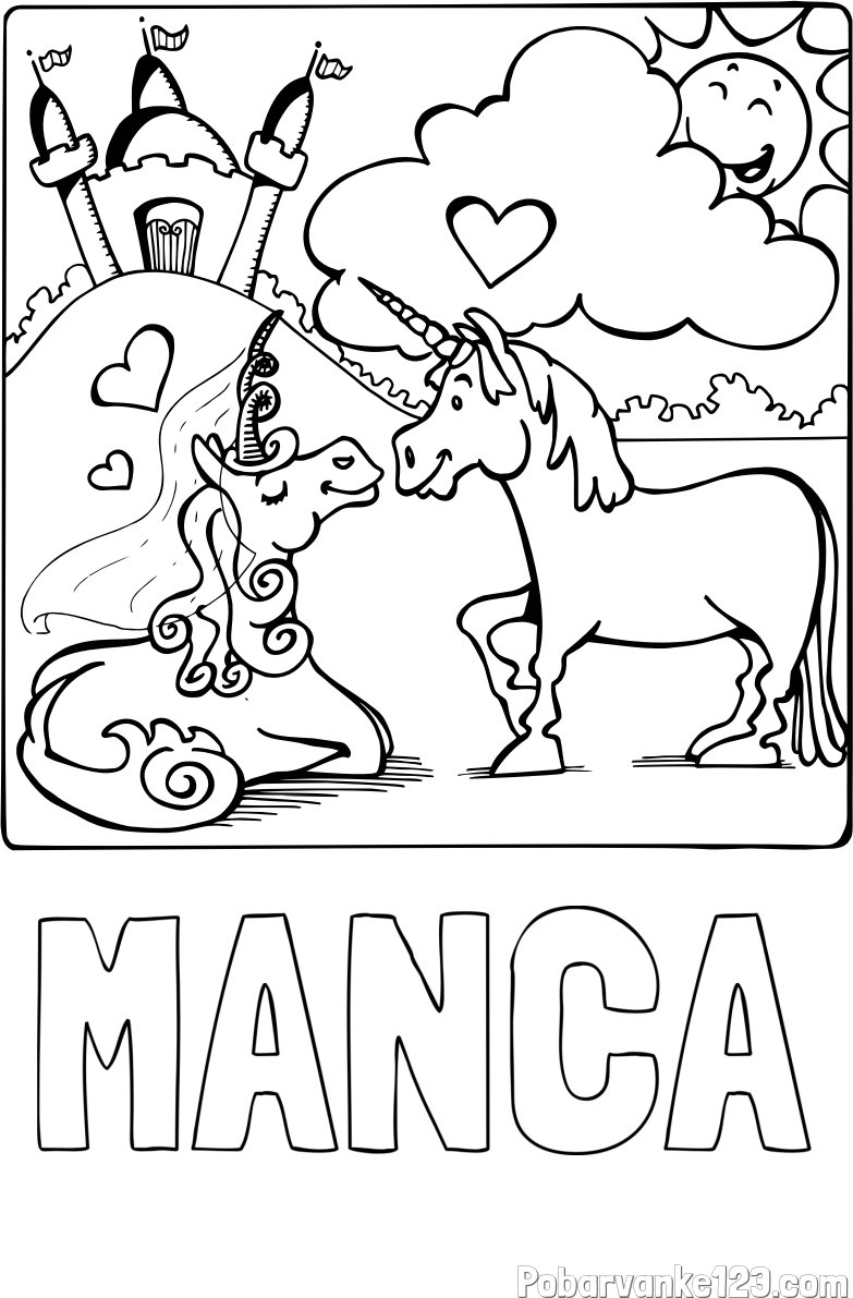 Pobarvanka imena MANCA in pobarvanka zaljubljenih samorogov
