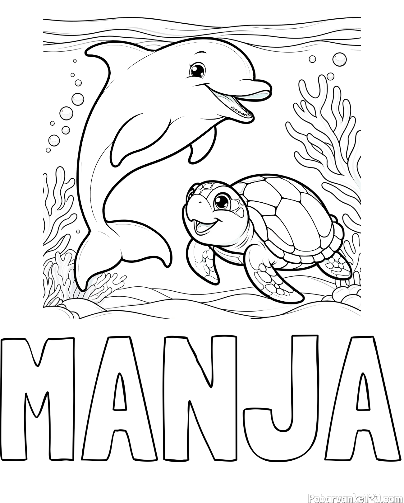 Pobarvanka imena MANJA in pobarvanka ljubkega delfina z želvo v morju