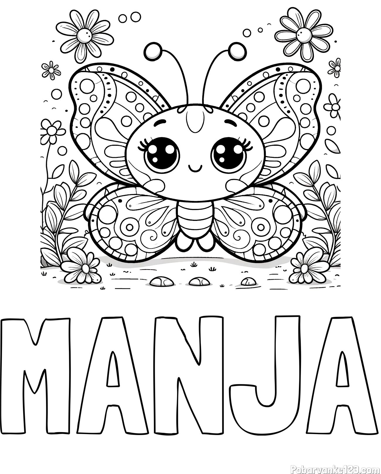 Pobarvanka imena MANJA in pobarvanka ljubkega metuljčka