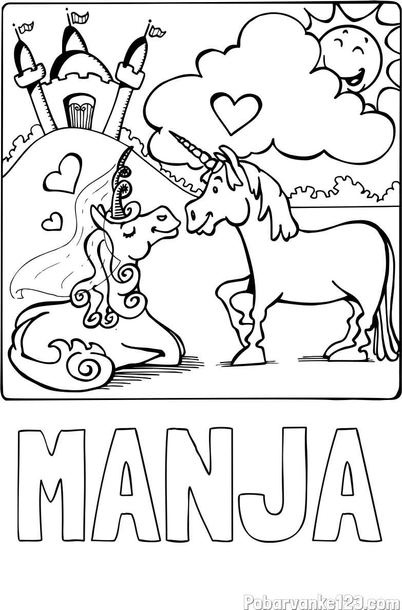 Pobarvanka imena MANJA in pobarvanka zaljubljenih samorogov