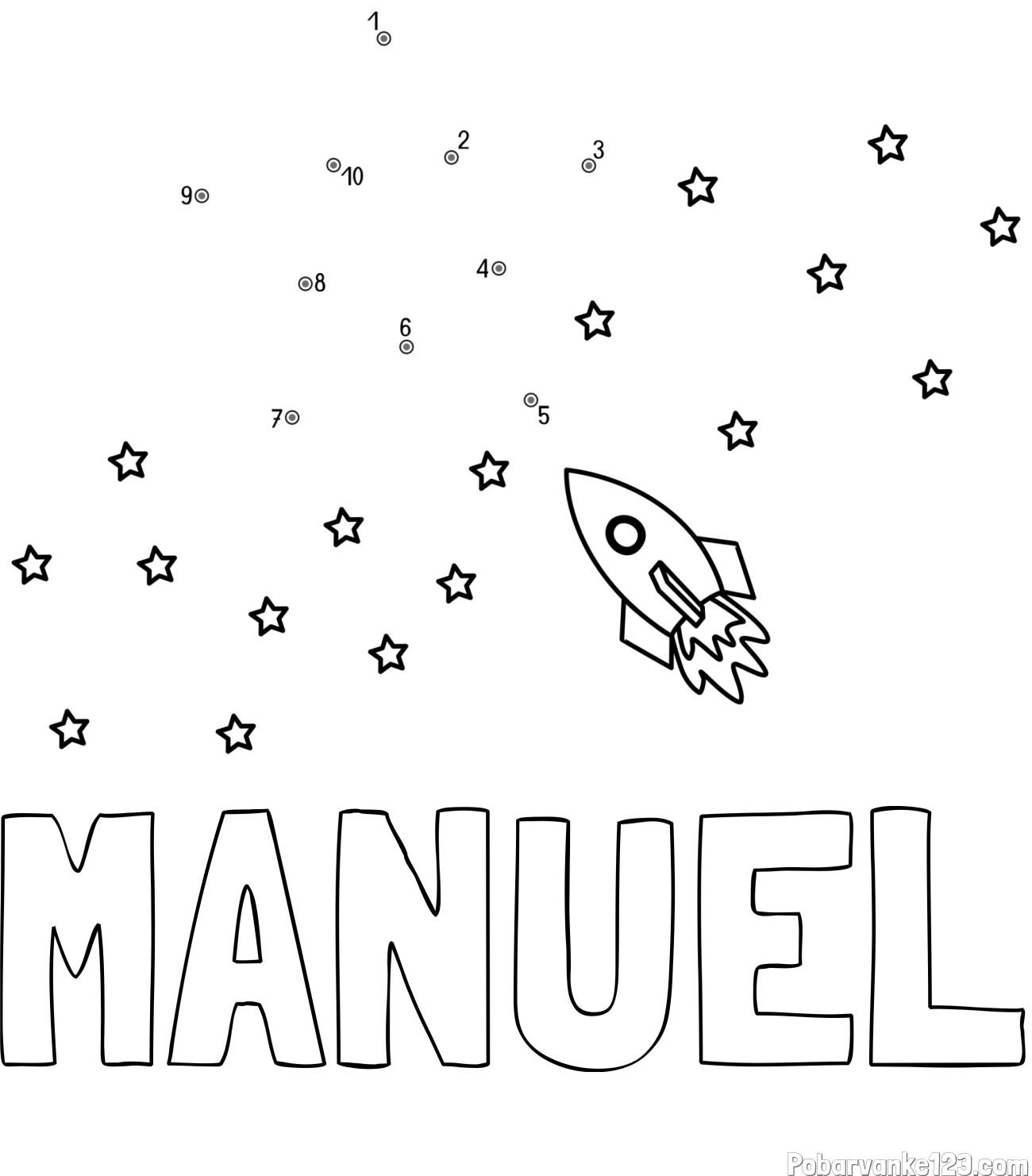 Pobarvanka imena MANUEL in pobarvanka poveži številke - vesoljska tematika