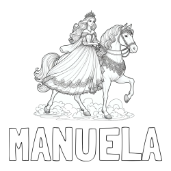 Online izdelana pobarvanka - Pobarvanka imena MANUELA in pobarvanka princese na konju